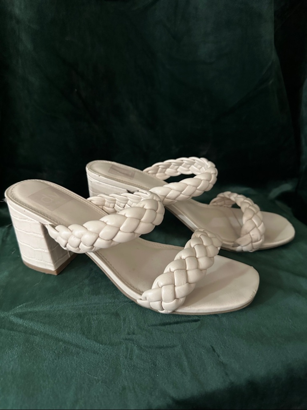 Woven Double-Strap Block Heel Sandals - Cream